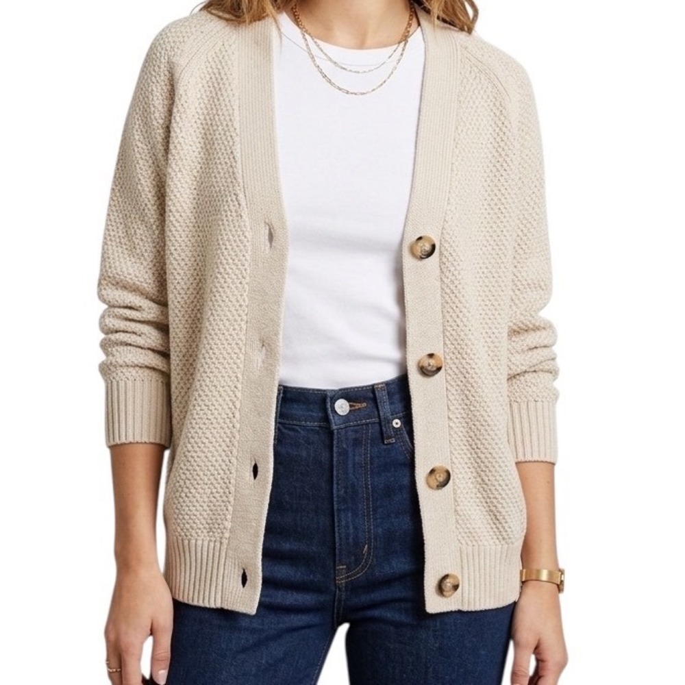 GAP Womens Cream Beige 100% Cotton Chunky Knit V-Neck Cardigan Sweater Medium